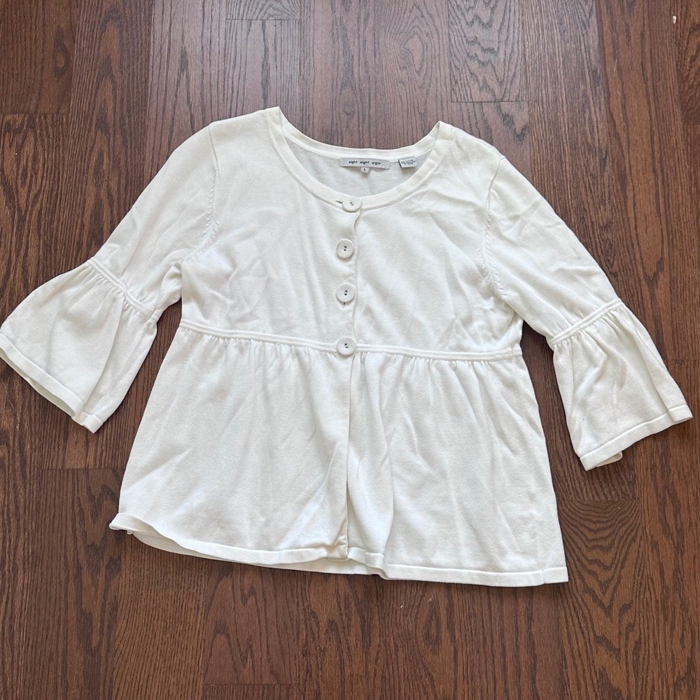 Eight Eight Eight White 100% Cotton Peplum Bell Sleeve Cardigan Sweater Large